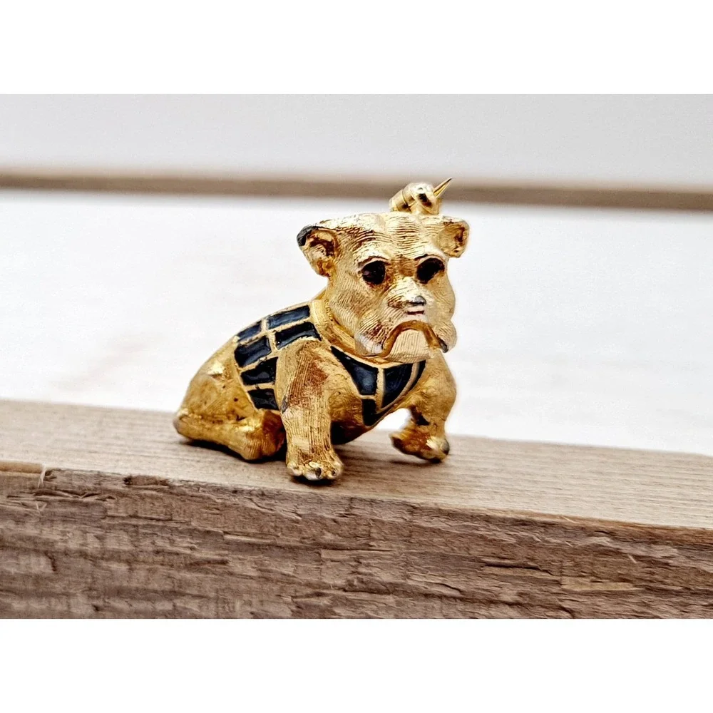 Vintage Goldtone English Bulldog Brooch – Blue Enamel Sweater, Rhinestone Eyes